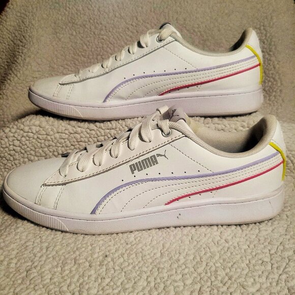 Puma Shoes - PUMA Vikky v2 White Synthetic Leather w/ Color Striping Sneakers - Size 6.5 - 7